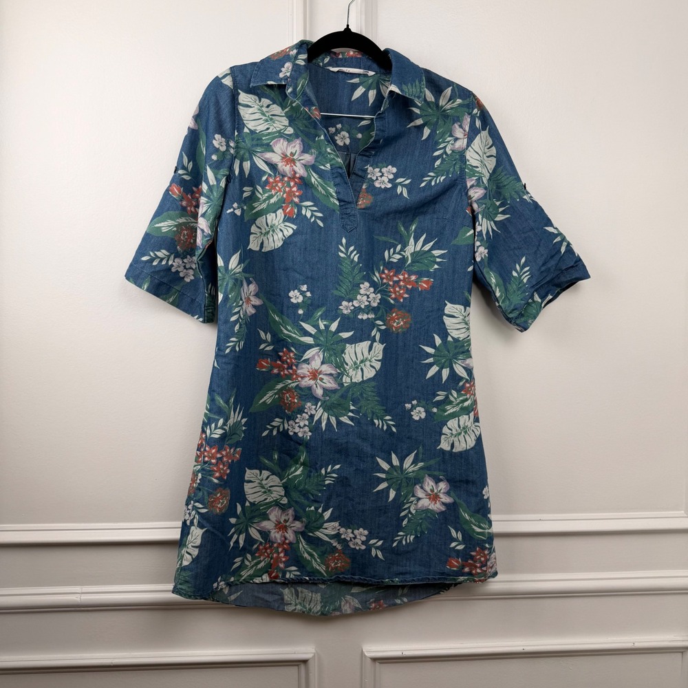 G. Kale‎ Petite Floral Denim Shift Dress Blue Tropical Chambray V-Neck PS